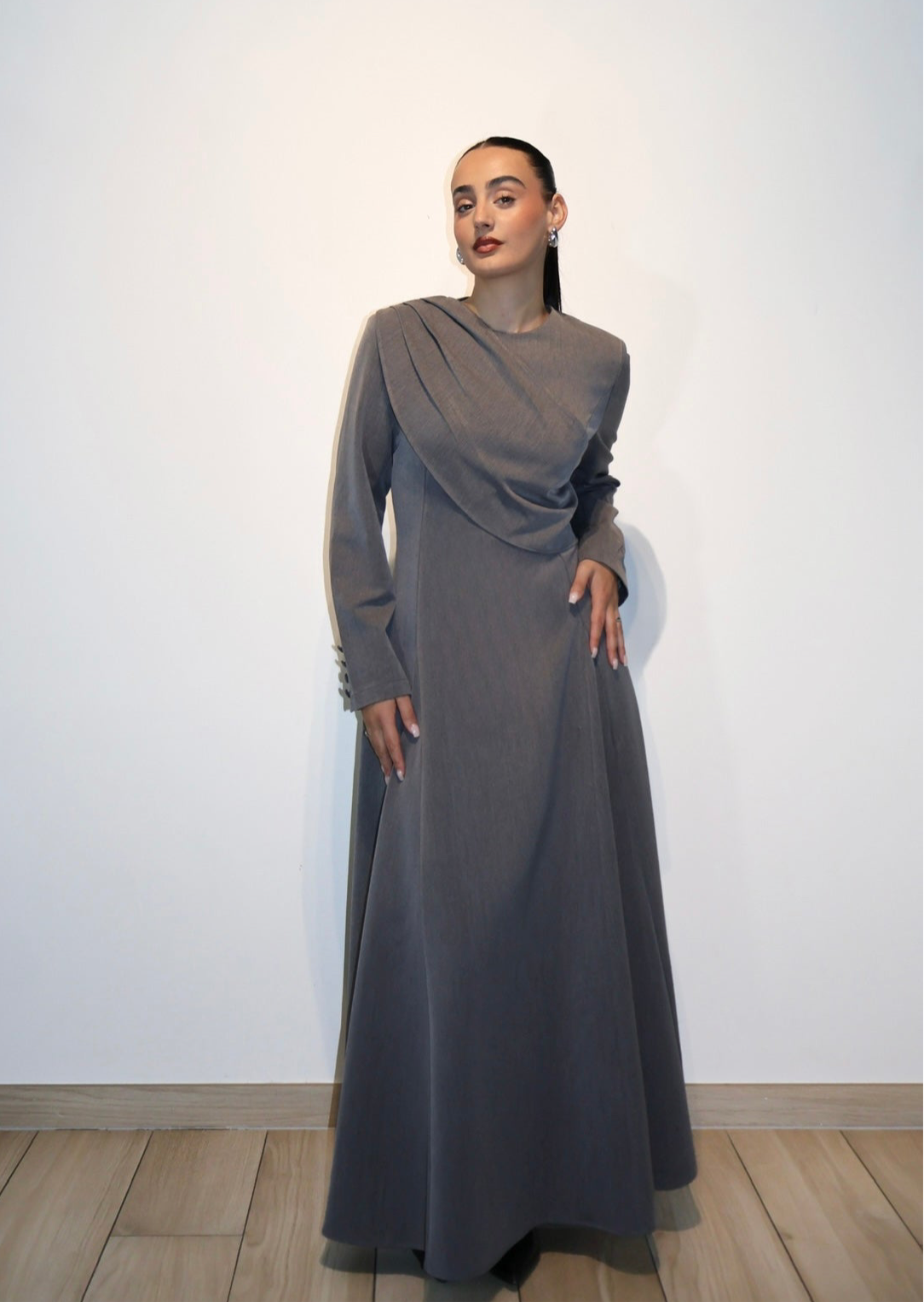 grey drape dress Drape Long Sleeve Mini Dress Grey XS/S